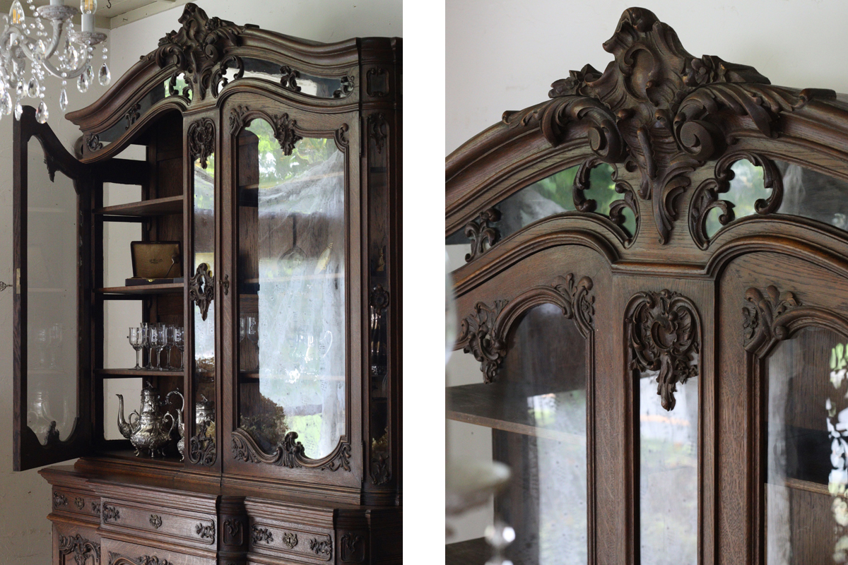 E53 ベルギーアンティーク ロカイユ装飾 リエージュ家具 ガラス